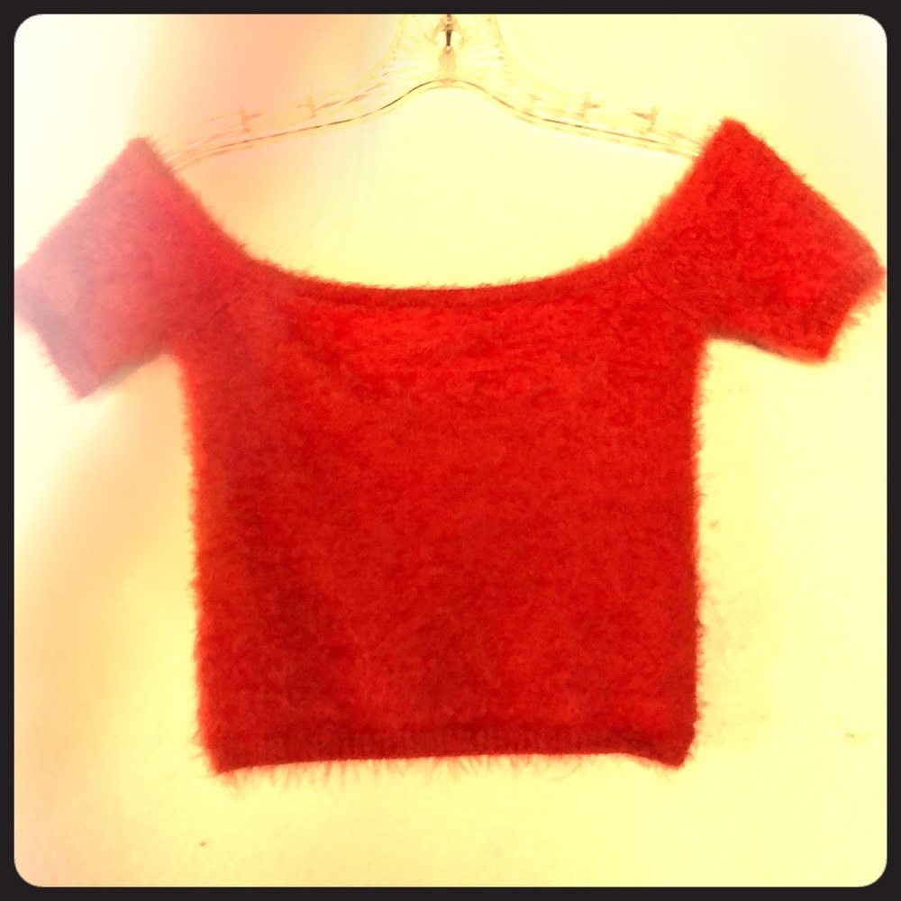 Off the Shoulder Fire Orange Fuzzy Crop Top